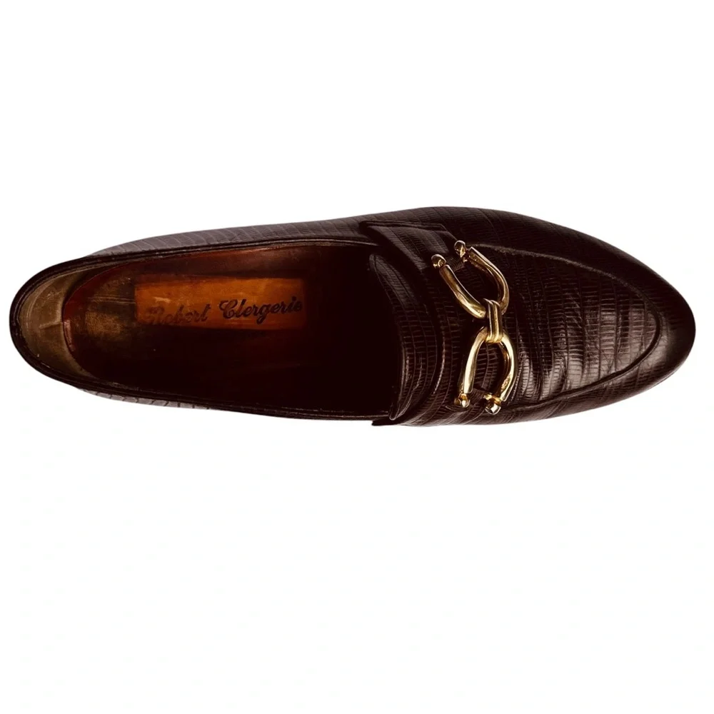 Robert Clergerie Brown Loafers Faux Lizard Skin Embossed Leather 6 1/2 M Vintage